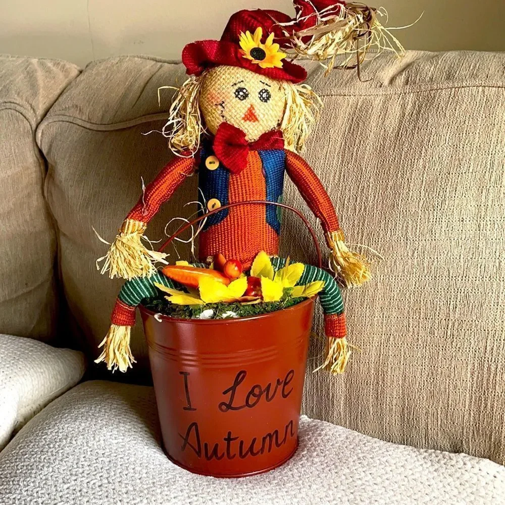 “I Love Autumn” Halloween Decor Scarecrow in a Bucket